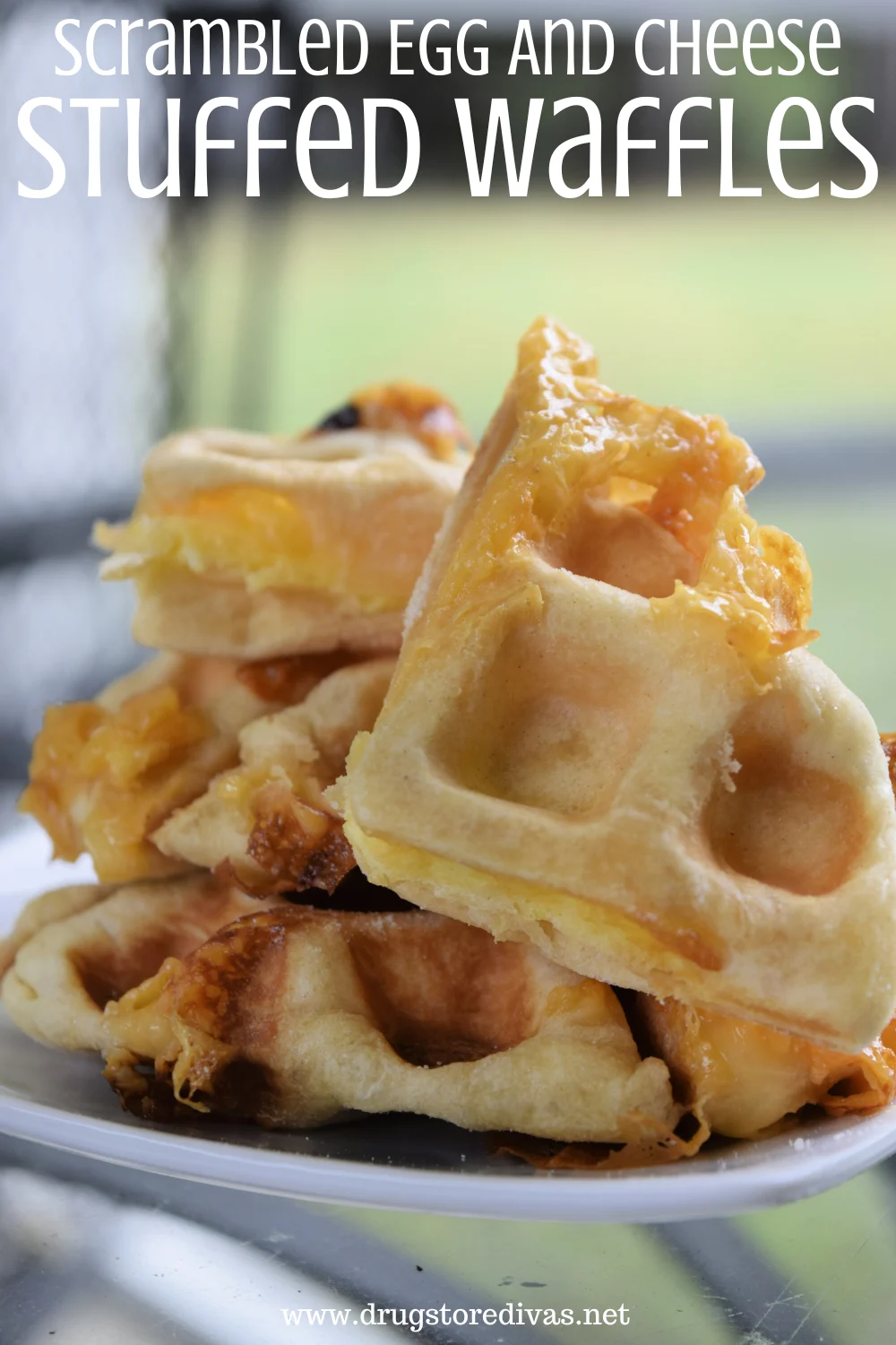 Waffle quarters stacked on top of each other on a white plate with the words 