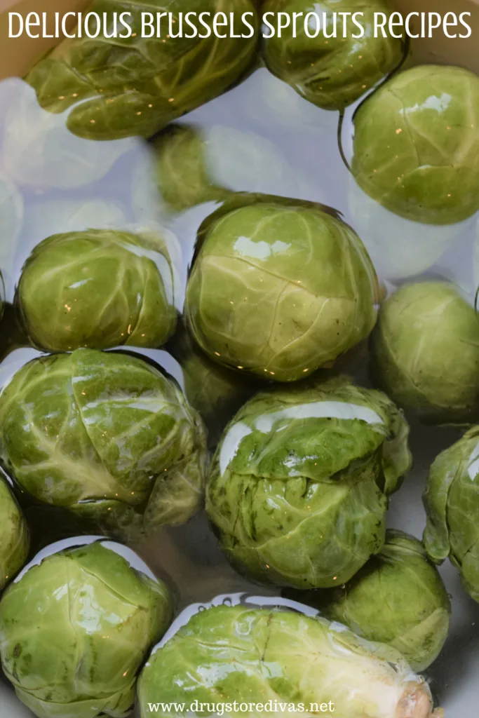 Brussels sprouts in water with the words "Delicious Brussels Sprouts Recipes" digitally written above them.