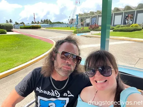 Two people on a tram at Casa Bacardi in Puerto Rico.