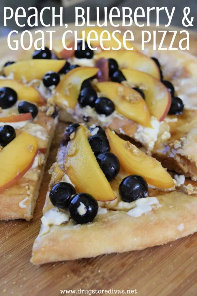 A pizza with blueberries and peaches on it and the words "Peach, Blueberry & Goat Cheese Pizza" digitally written on top.