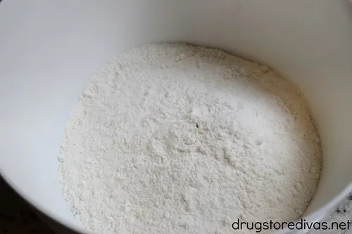 White cake mix in a white bowl.