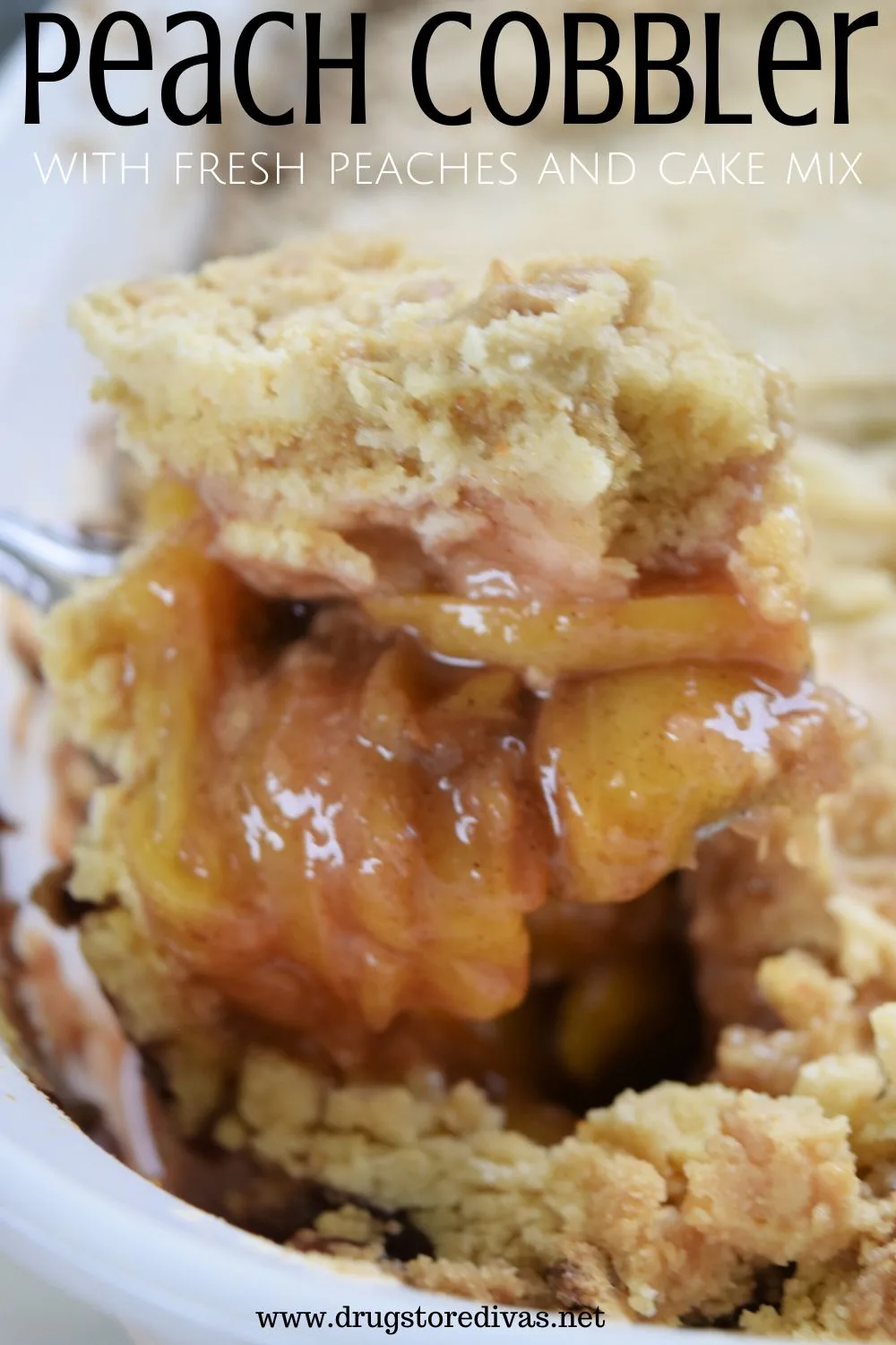 A large spoonful of peach cobbler above a pan of it with the words 