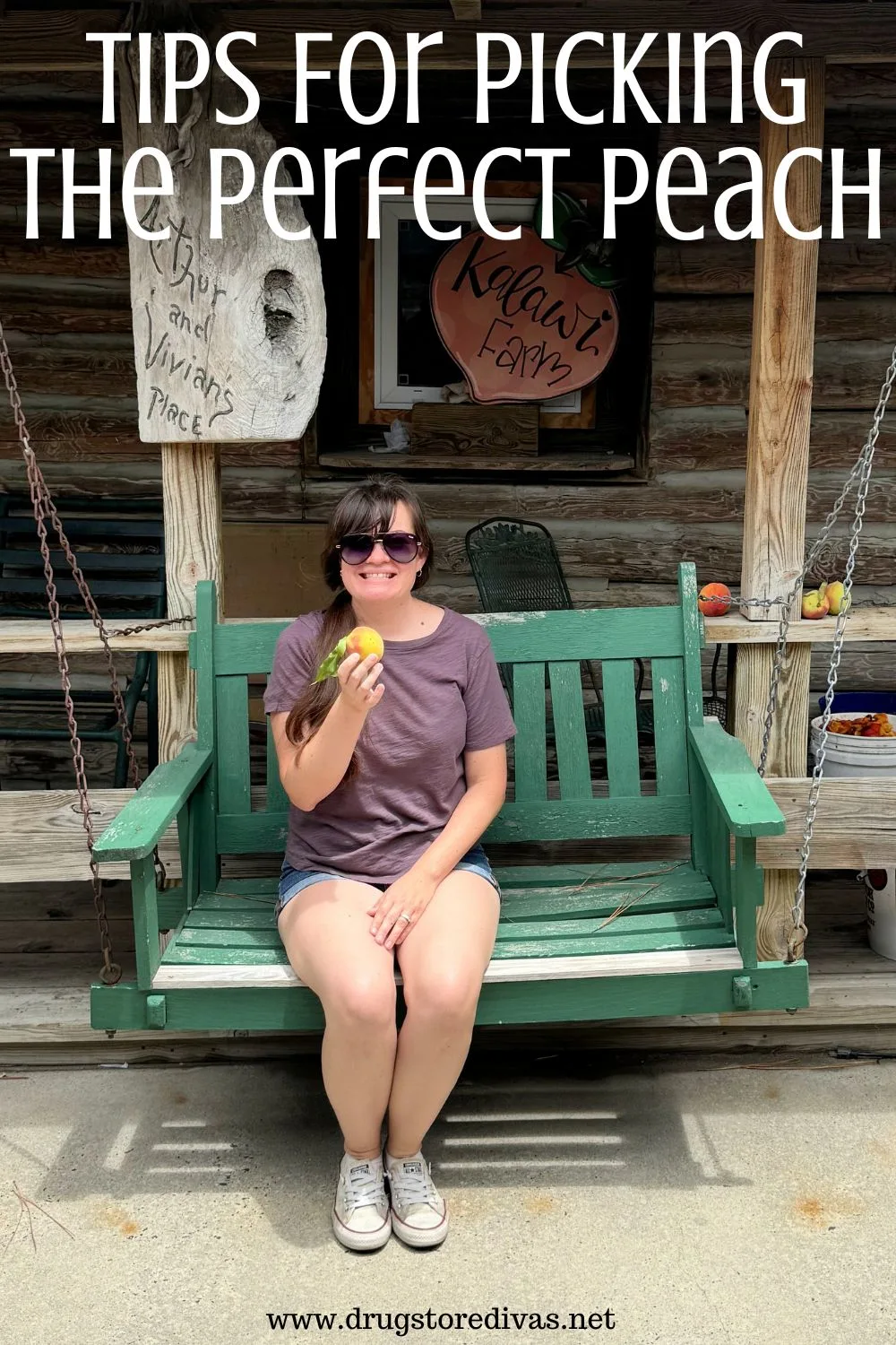 A woman sitting on a porch swing holding a peach with the words 