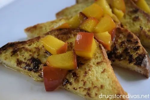 Peach French Toast on a white serving tray.
