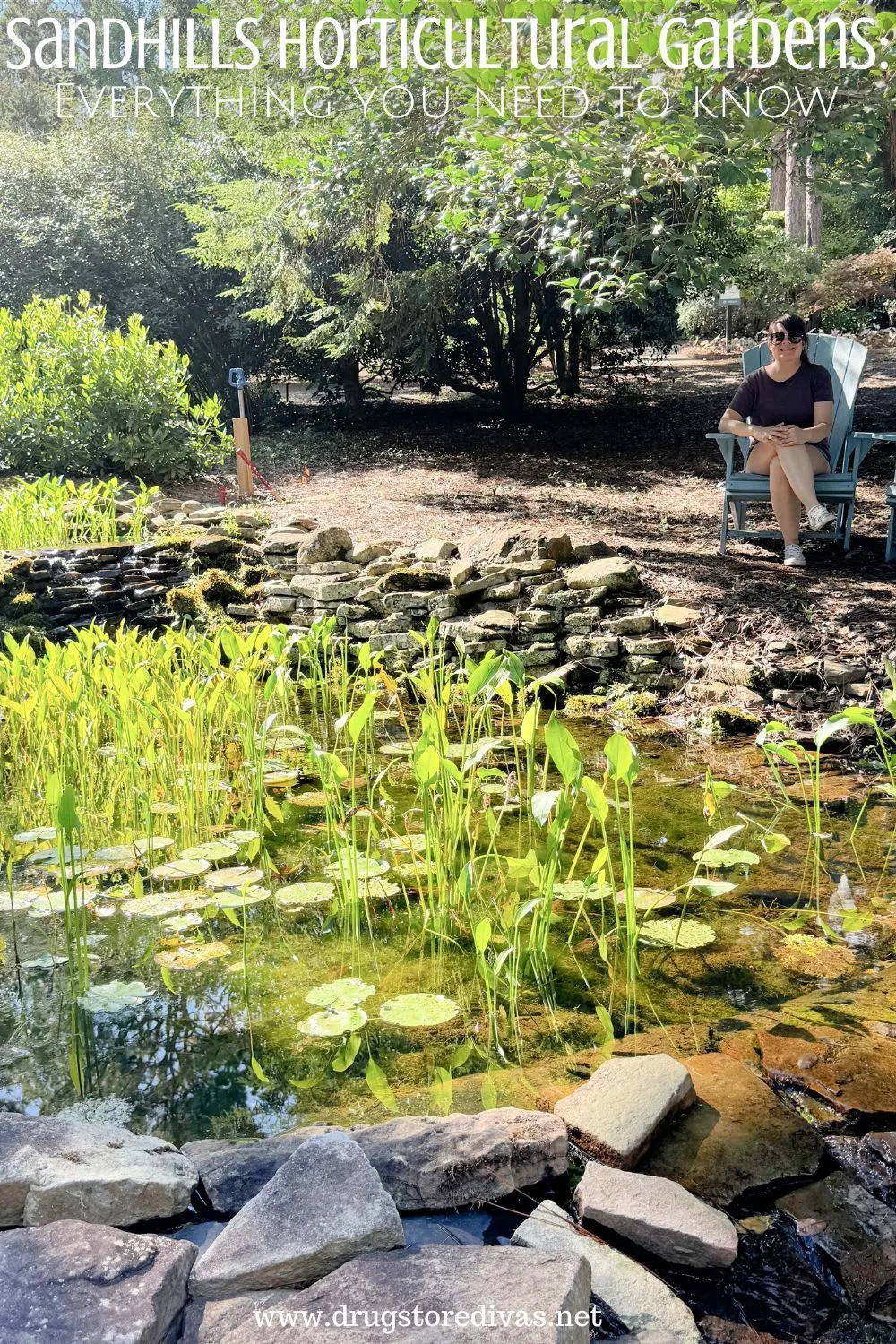 A woman sitting on a blue Adirondack chair in a botanical garden with the words 