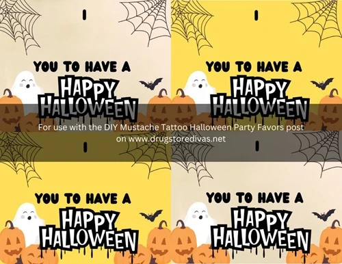 A Halloween Mustache Tattoos printable with a disclosure across the middle.