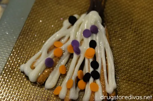 Halloween sprinkles on a pretzel broom.