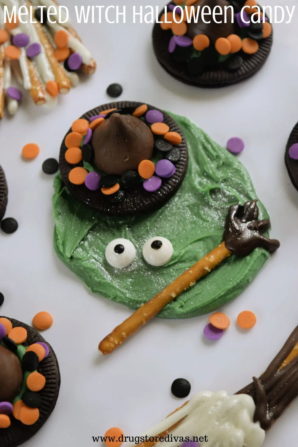 A melted candy witch with a broom and cookie hat surrounded by cookies and Halloween sprinkles and the words 