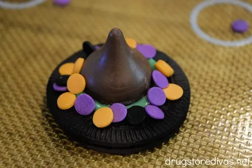 An Oreo cookie decorated to look like a witch's hat.