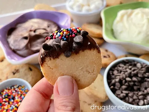 Fingers holding a cookie with icing, sprinkles, and mini chocolate chips on it over a cookie charcuterie board.