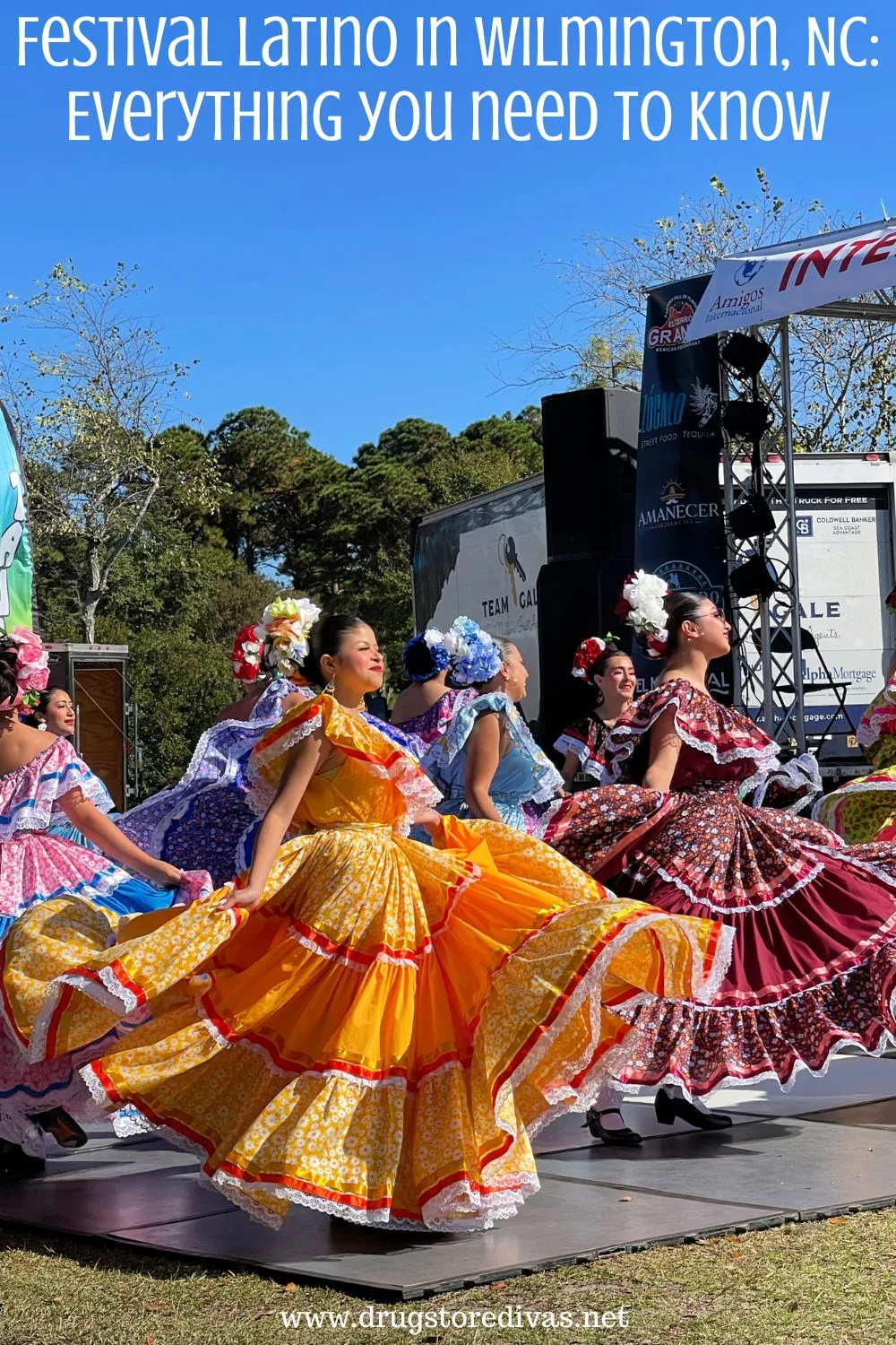 Women in colorful dresses on a dance floor with the words 