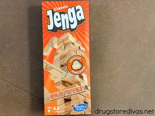 A Jenga board game box.