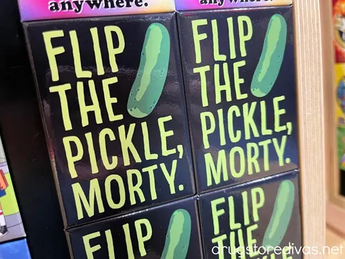 Four magnets that say Flip The Pickle, Morty on them with a cartoon pickle.