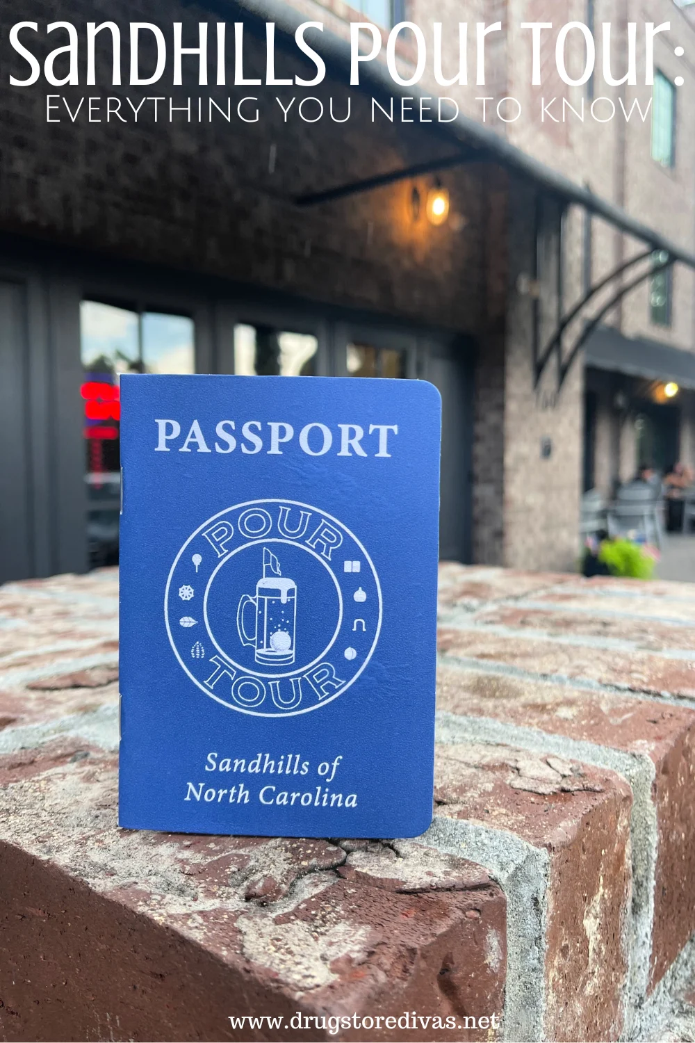 A blue passport standing up on a brick ledge with the words 