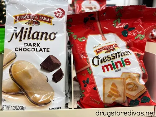 Two packs of Pepperidge Farms cookies on a shelf in a store.
