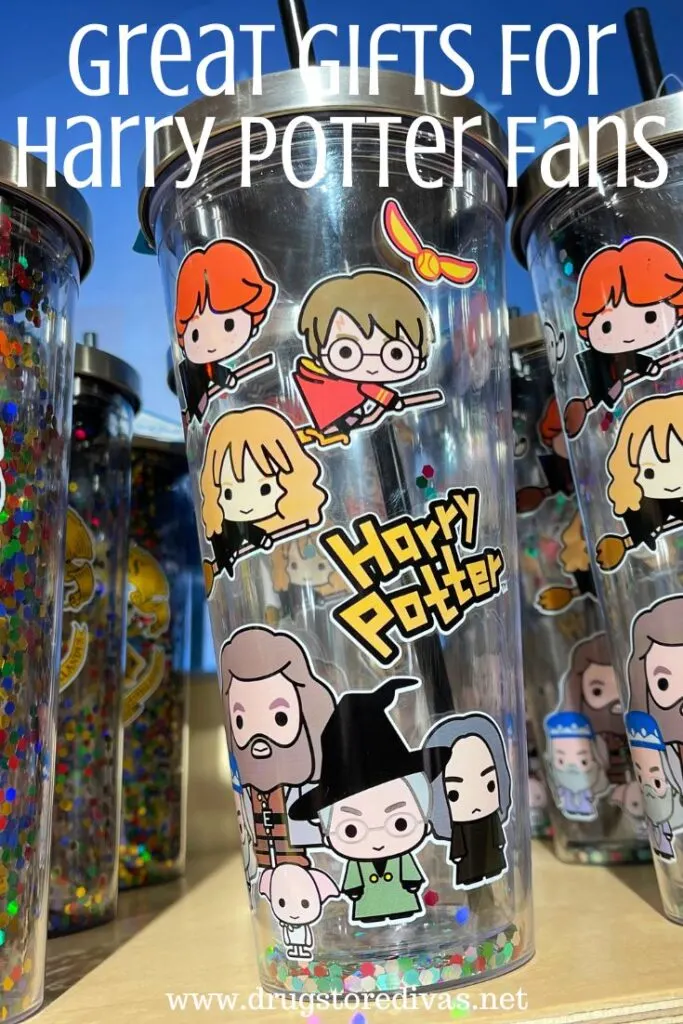 Three rows of Harry Potter-themed tumblers on a shelf in a store with the words "20+ Gifts For Harry Potter Fans" digitally written on top.