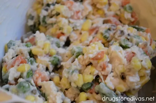 Chicken pot pie filling in a bowl.