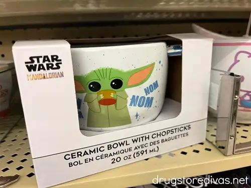 A Star Wars: The Mandalorian Grogu ramen bowl in a package on a shelf.