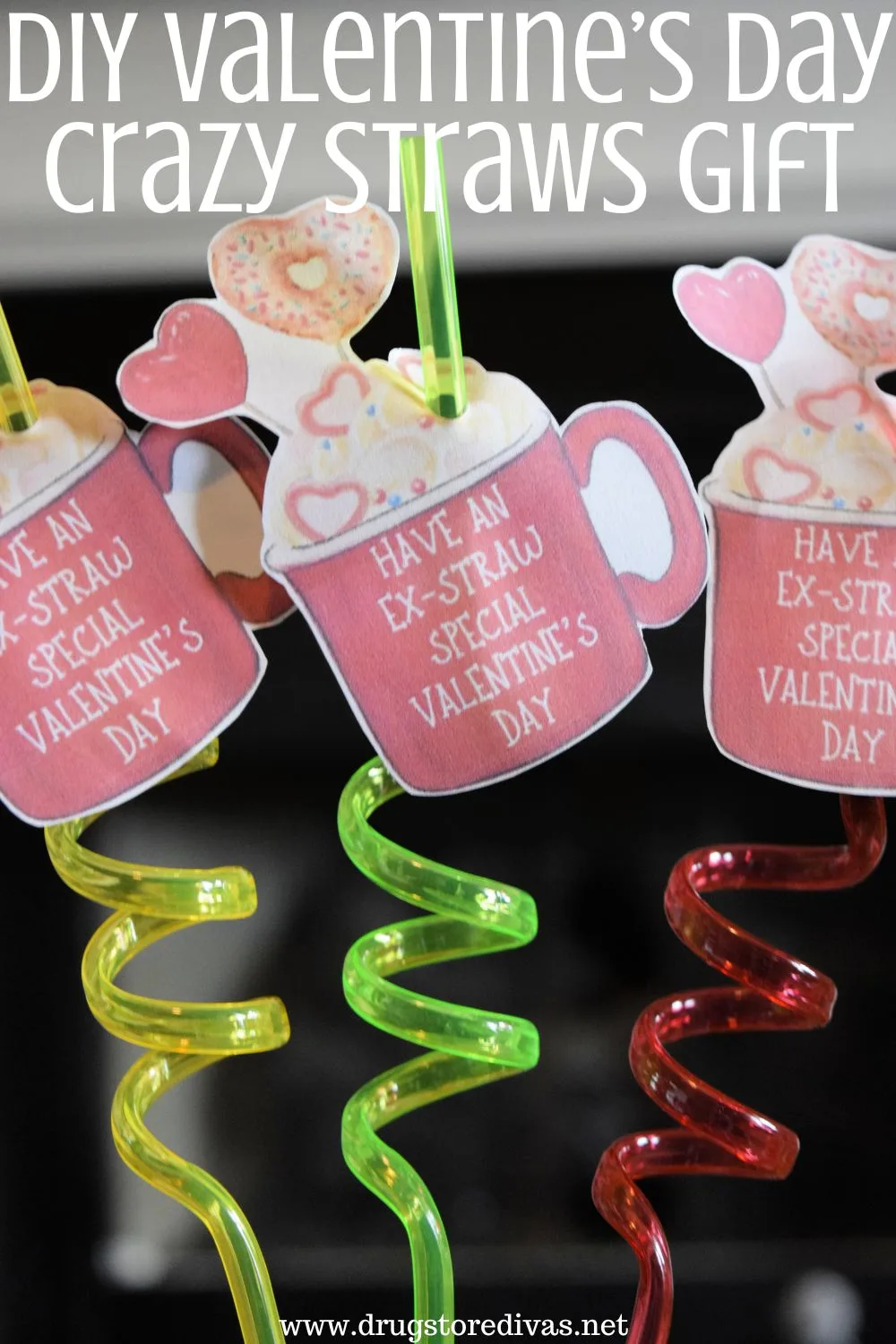 Three crazy straws, in yellow, green, and red, with tags that are an image of a red cup on them with the words 