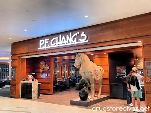 The outside of a PF Chang's location in an airport with a giant horse out front.