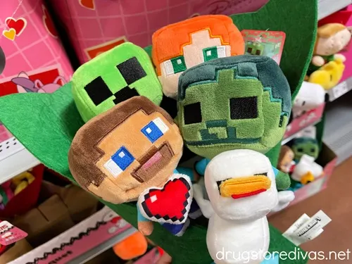 A Minecraft-themed stuffed animal bouquet.