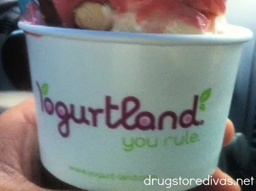 A foam cup with frozen yogurt from Yogurtland.