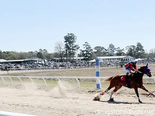 A horse racing on a track.