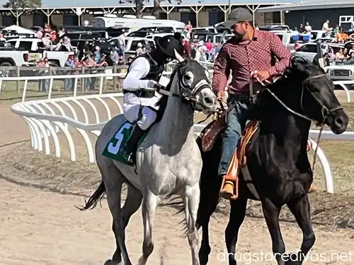 Two jockeys on horses on a race track, one horse is gray and one is black.