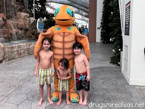 Three boys in bathing suits posing with a turtle character at Island Waterpark at Showboat Resort.