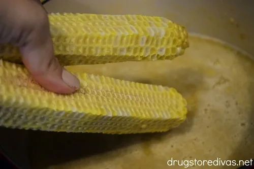 A hand placing two stripped corn on the cob into a bowl with liquid in it.