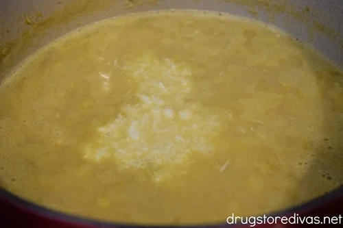 Unstirred Mexican Street Corn soup in a Dutch oven.
