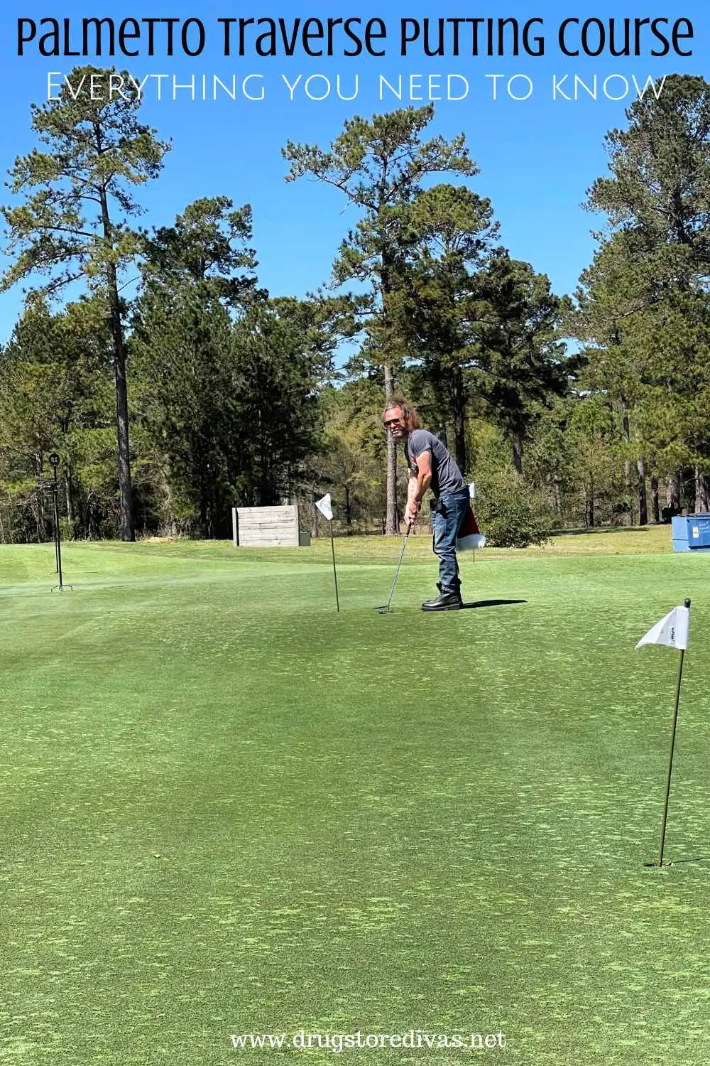 A man on a putting green with trees behind him and the words 