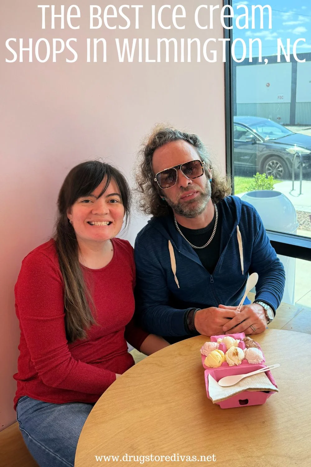 A woman in a red, long sleeved shirt and a man in a blue hoodie and sunglasses at a table with an egg carton of ice cream on table in front of them and the words 
