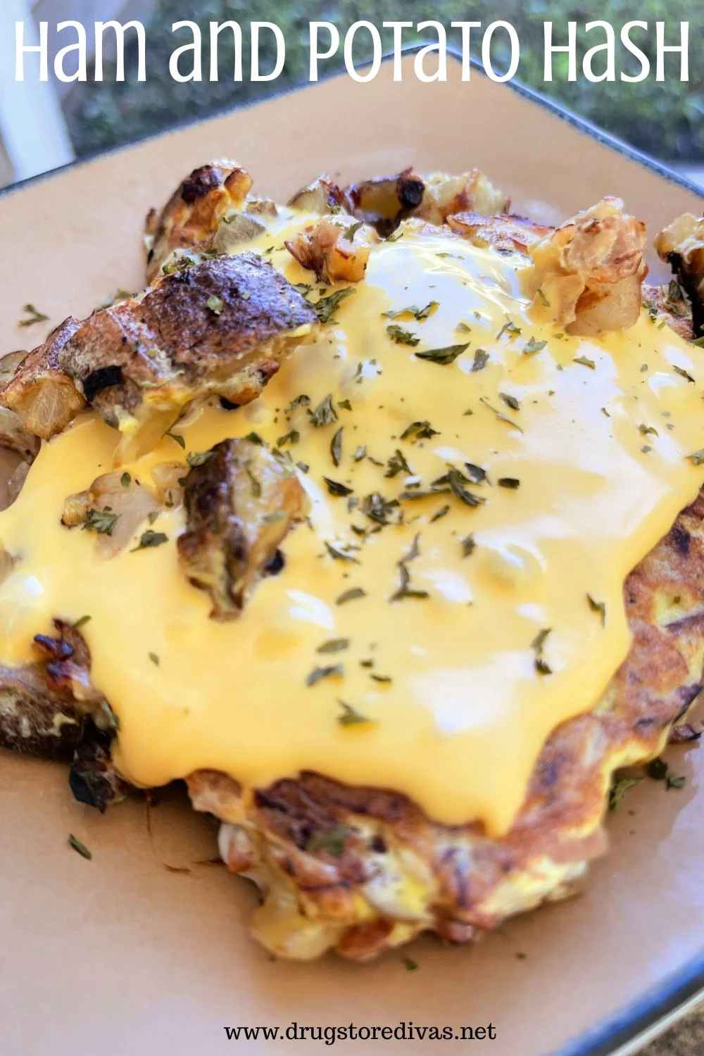 Cooked, diced potatoes on a brown plate with American cheese and dried herbs on top and the words 