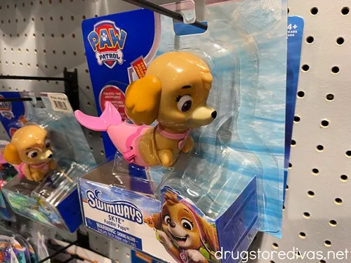 A wind up swim toy shaped like the dog named Skye from Paw Patrol with a mermaid tail.