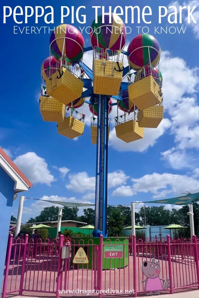 A children's hot air balloon ride at a theme park with the words "Peppa Pig Theme Park Everything you need to know" digitally written on top.