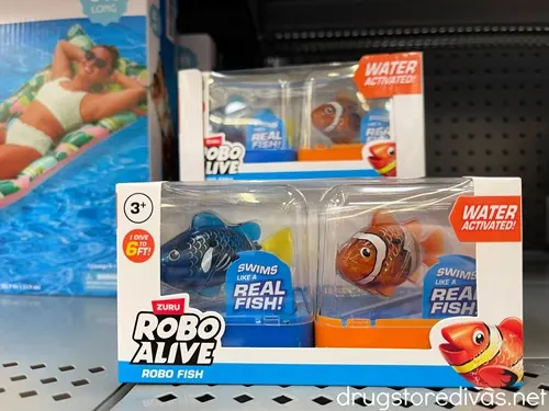 A box with two fish diving toys on a shelf in a store.