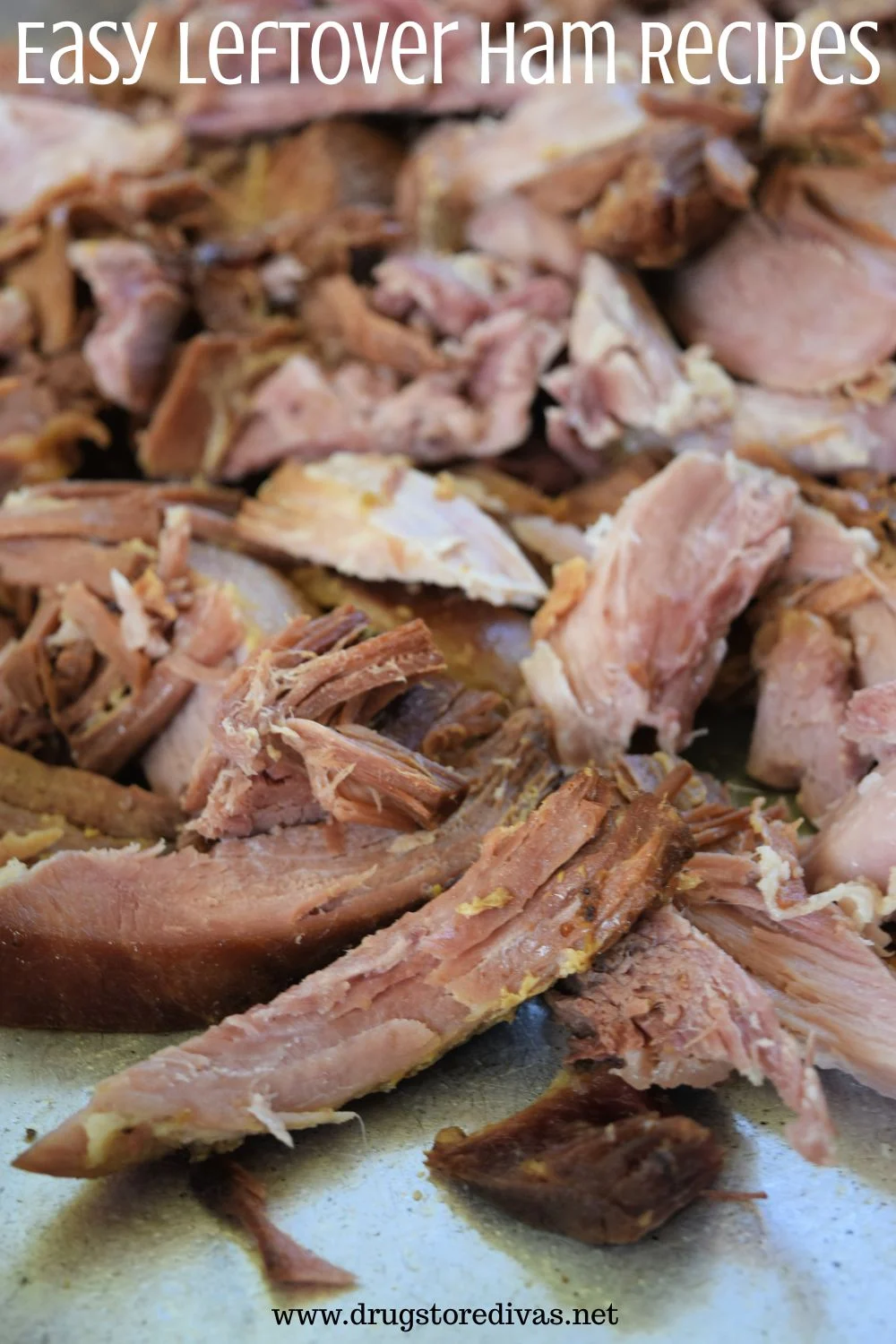Pieces of ham on a plate with the words 