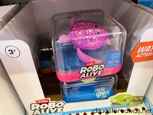 Wind up turtle toys in boxes on a shelf in a store.