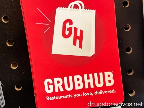 A Grubhub gift card hanging in a store.