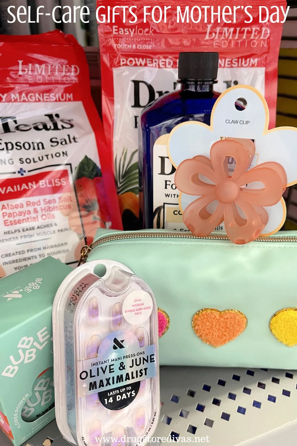 Epsom salt, a hair clip, nail products, and a travel bag on a shelf with the words 