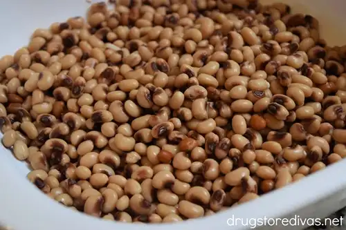 Black-eyed peas in a white bowl.