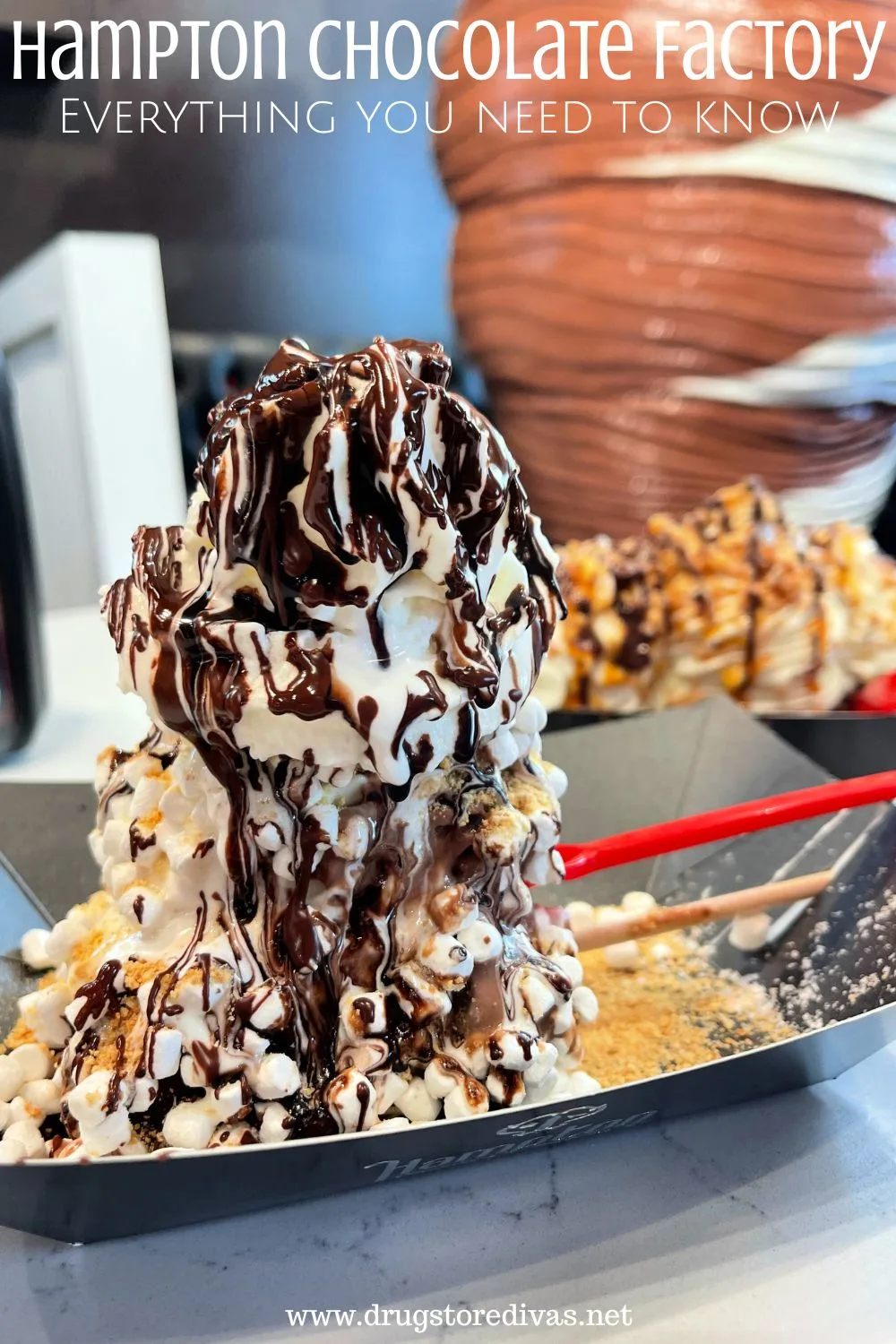 A frozen s'more in a black plate with a giant swirl of ice cream, whipped cream, and melted chocolate on top with a waffle sundae in the back and the words 
