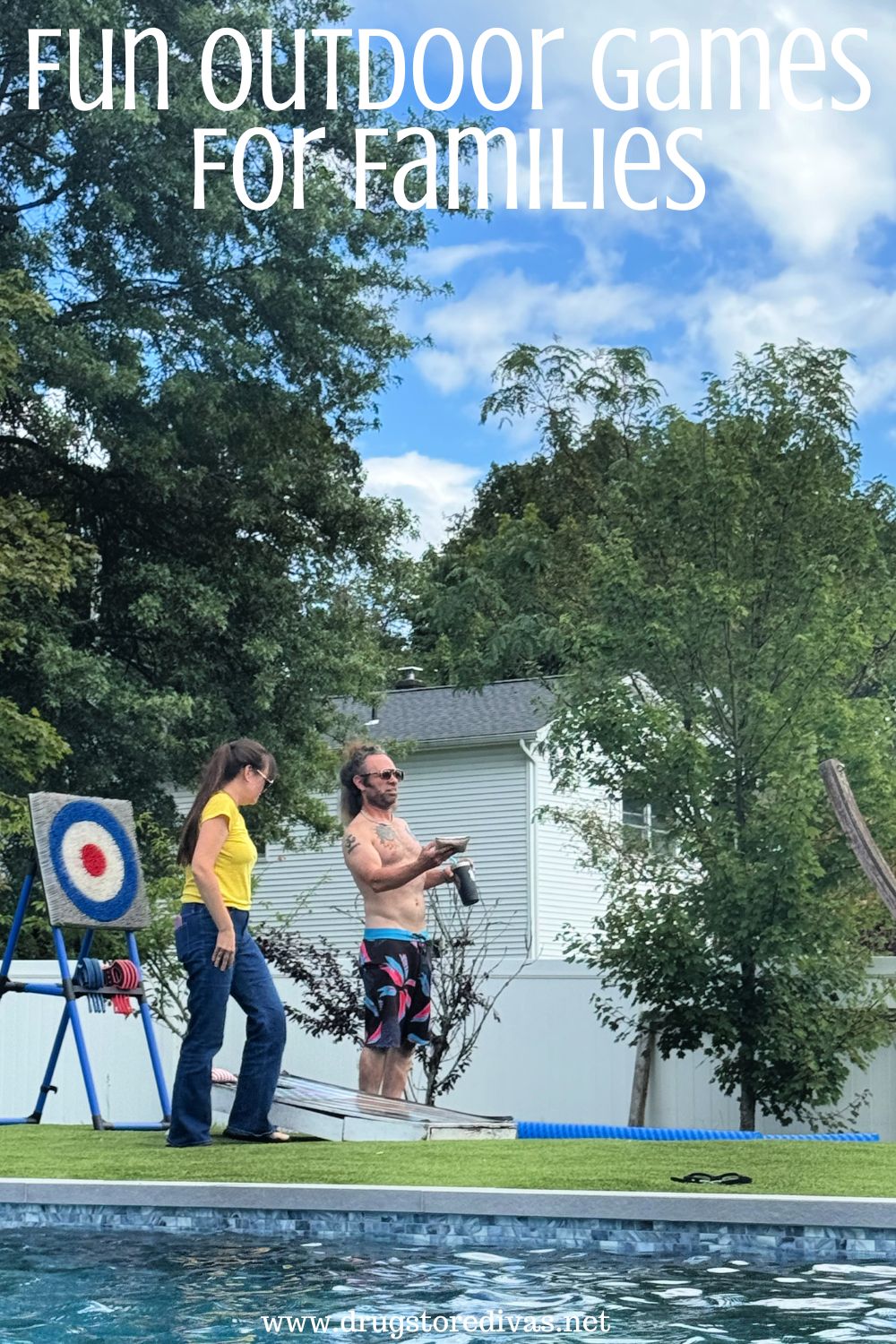 A man and woman playing cornhole with a play axe throwing game behind them with the words 