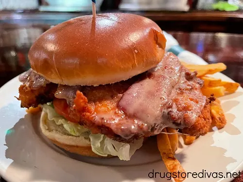 A chicken sandwich on a plate in a restaurant called Paddy's Hollow in downtown Wilmington, NC.