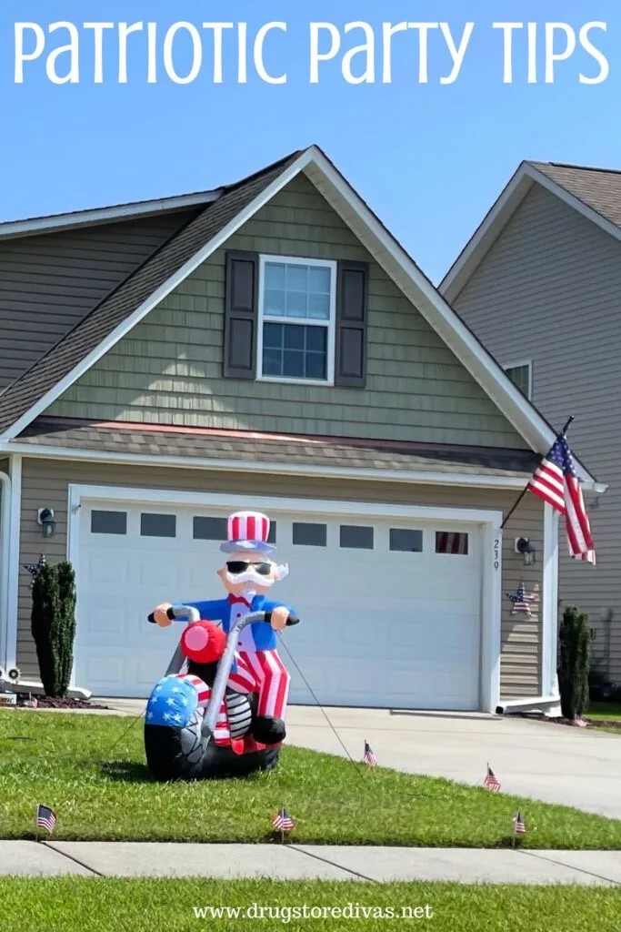 An inflatable of Uncle Sam on a motorcycle in the living room of a house with an American flag on it and the words "Patriotic Party Tips" digitally written above it.