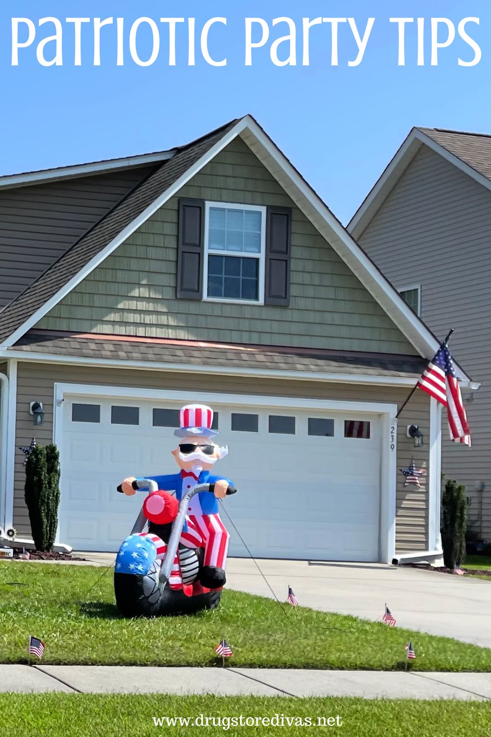 An inflatable of Uncle Sam on a motorcycle in the living room of a house with an American flag on it and the words 
