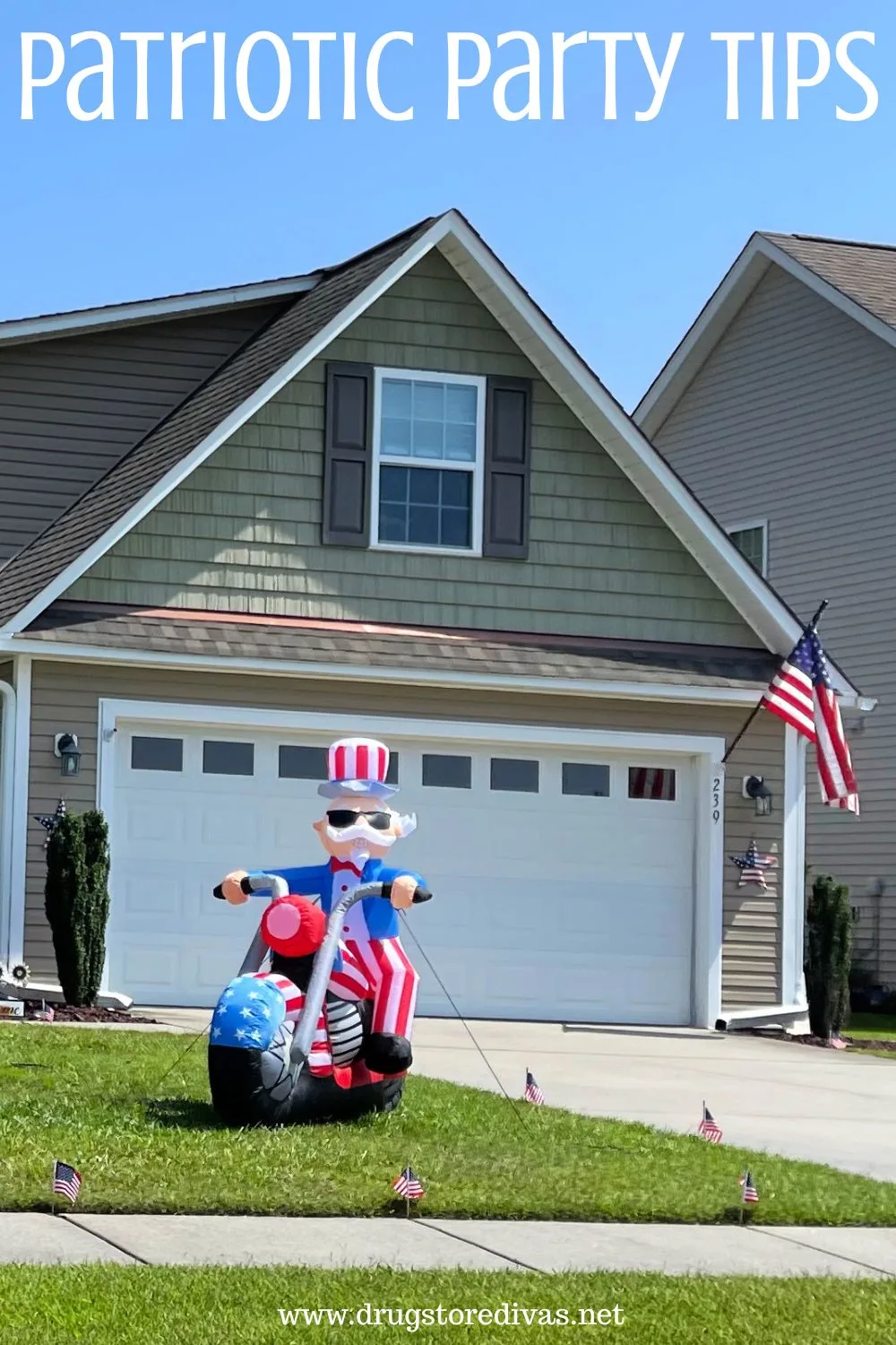 An inflatable of Uncle Sam on a motorcycle in the living room of a house with an American flag on it and the words 