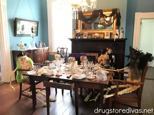 The inside of dining room inside an olden home decorated for Halloween at Poplar Grove Plantation in Wilmington, NC.