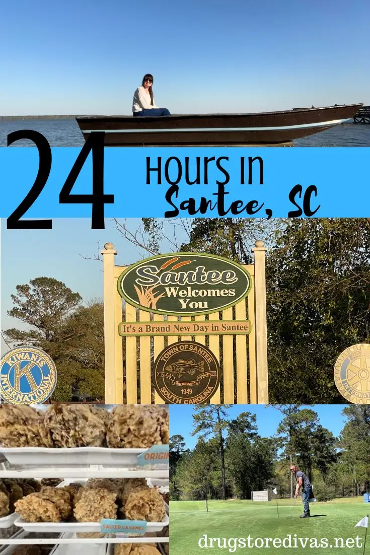 A collage of images - a woman in a boat, a sign welcoming you to Santee, pralines on a shelf, and a man golfing, with a blue banner and the words 